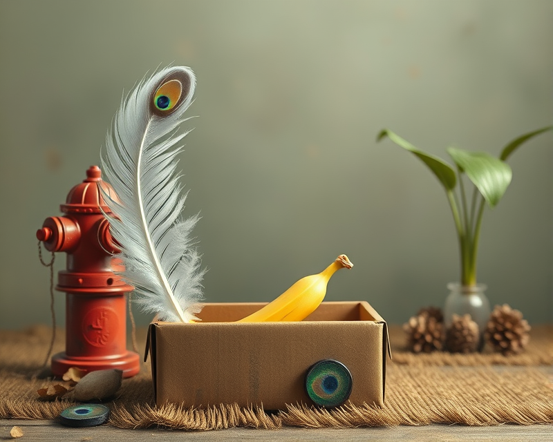 feather, box, fire hydrant, banana, peacock